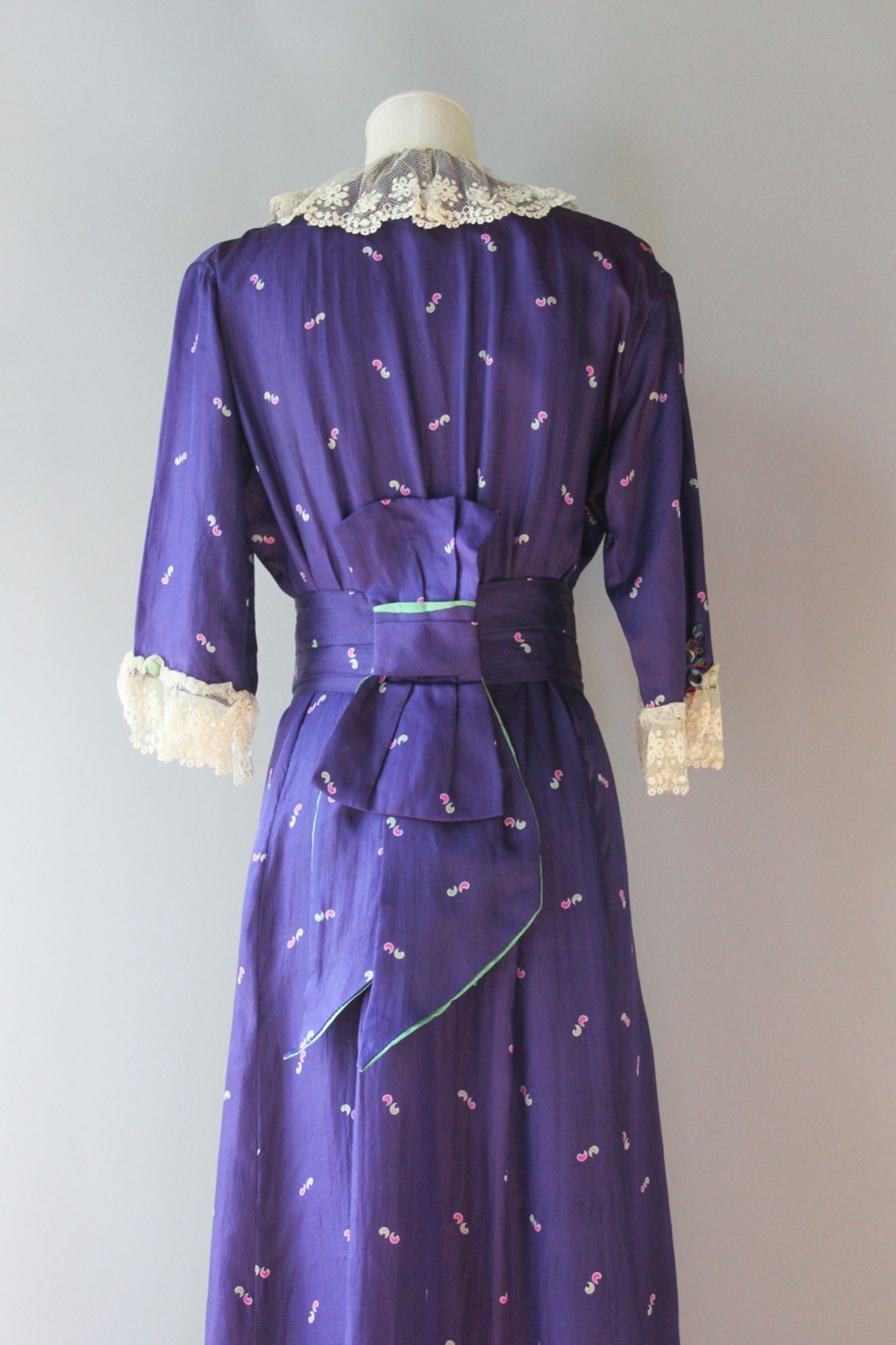Antique 1910s Edwardian Purple Printed Silk Embroidered Dress Stunning! EX COND!