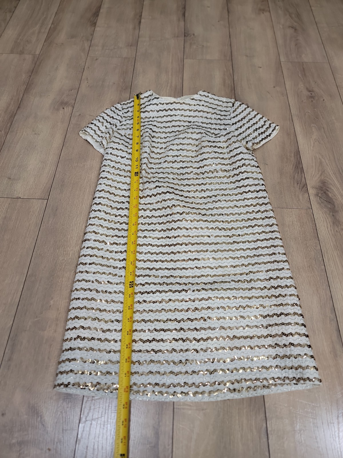 VTG Jr Theme Ivory Gold Sequin Shift Dress Mod Cocktail Party Mini Sz