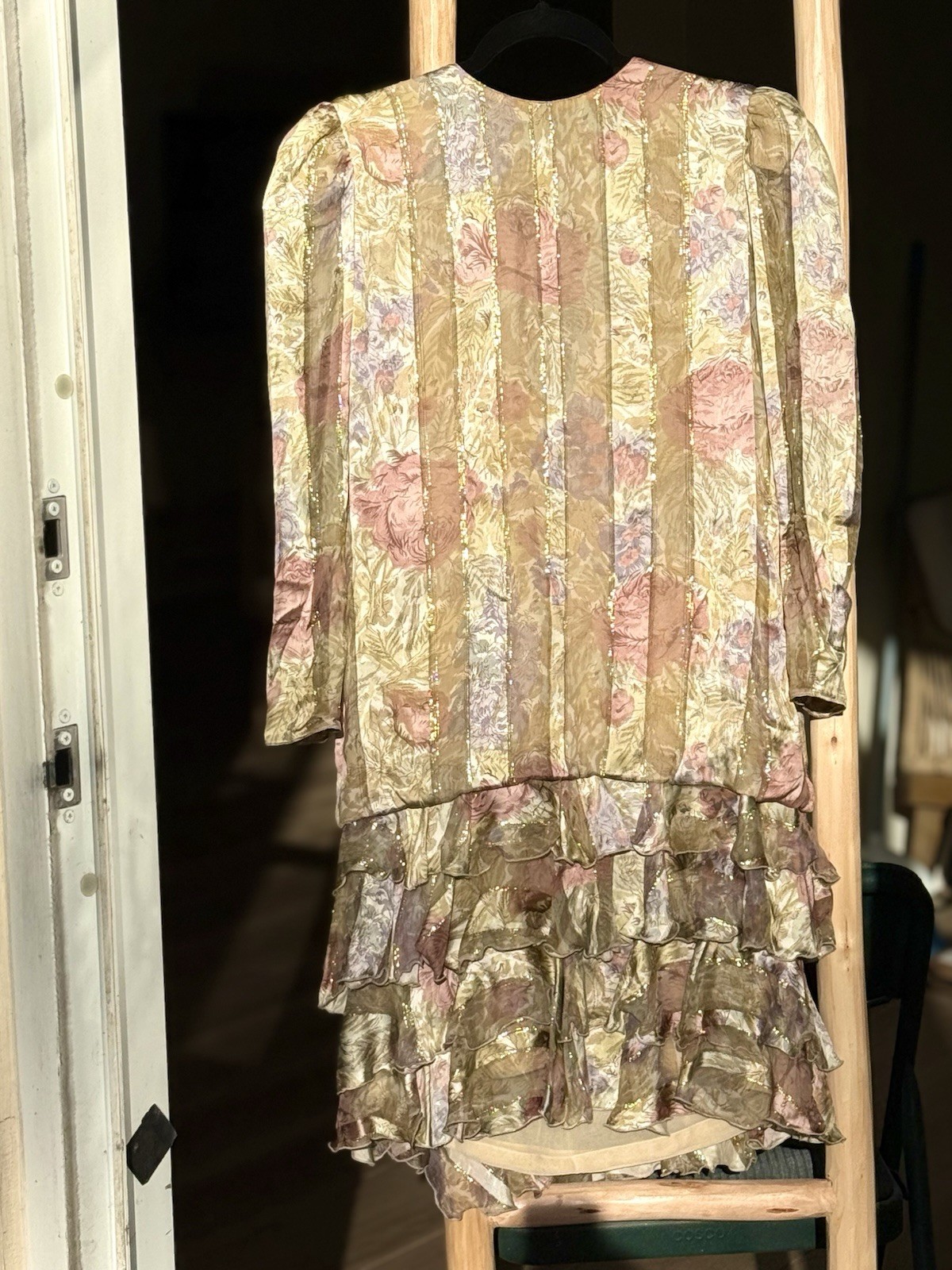 Judy Hornby Couture Metallic Floral Silk Lurex Ruffle Dress Size 8 Vintage 1980s