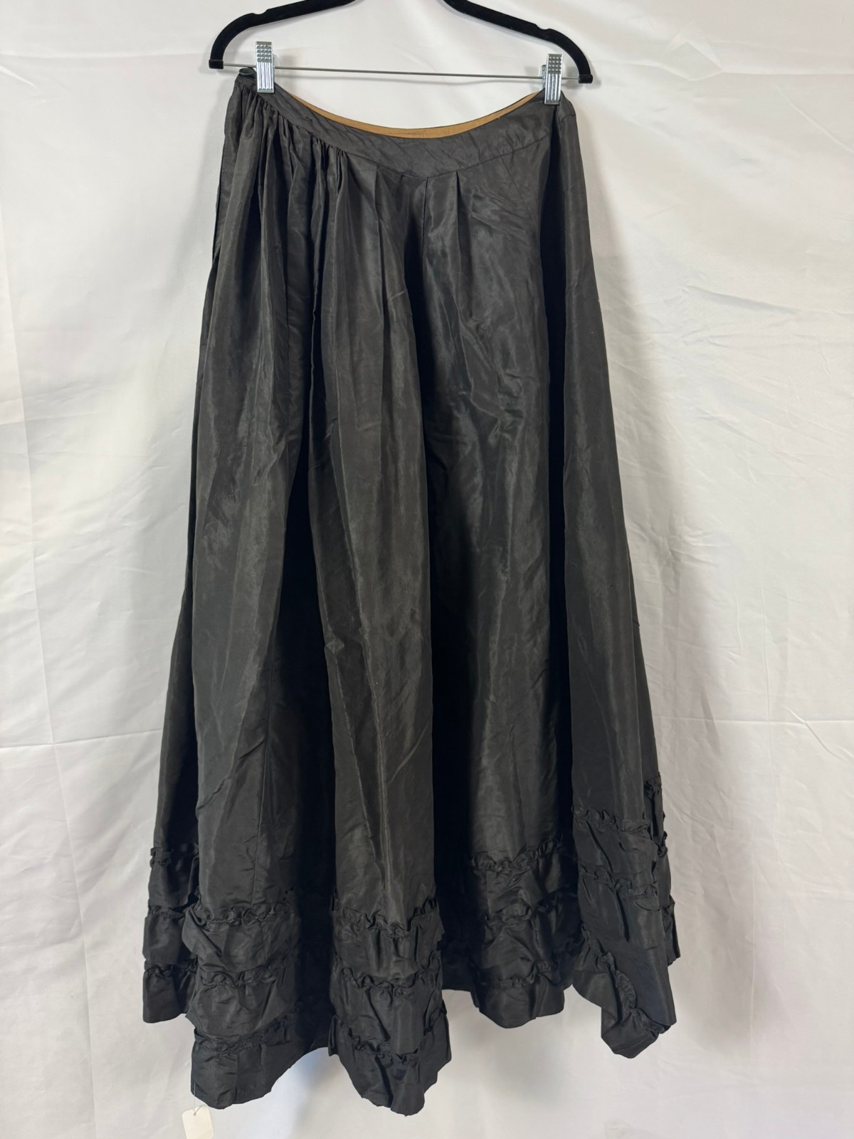 Antique Victorian Black Silk Taffeta Skirt Triple Ruffle Bustle Era Handmade