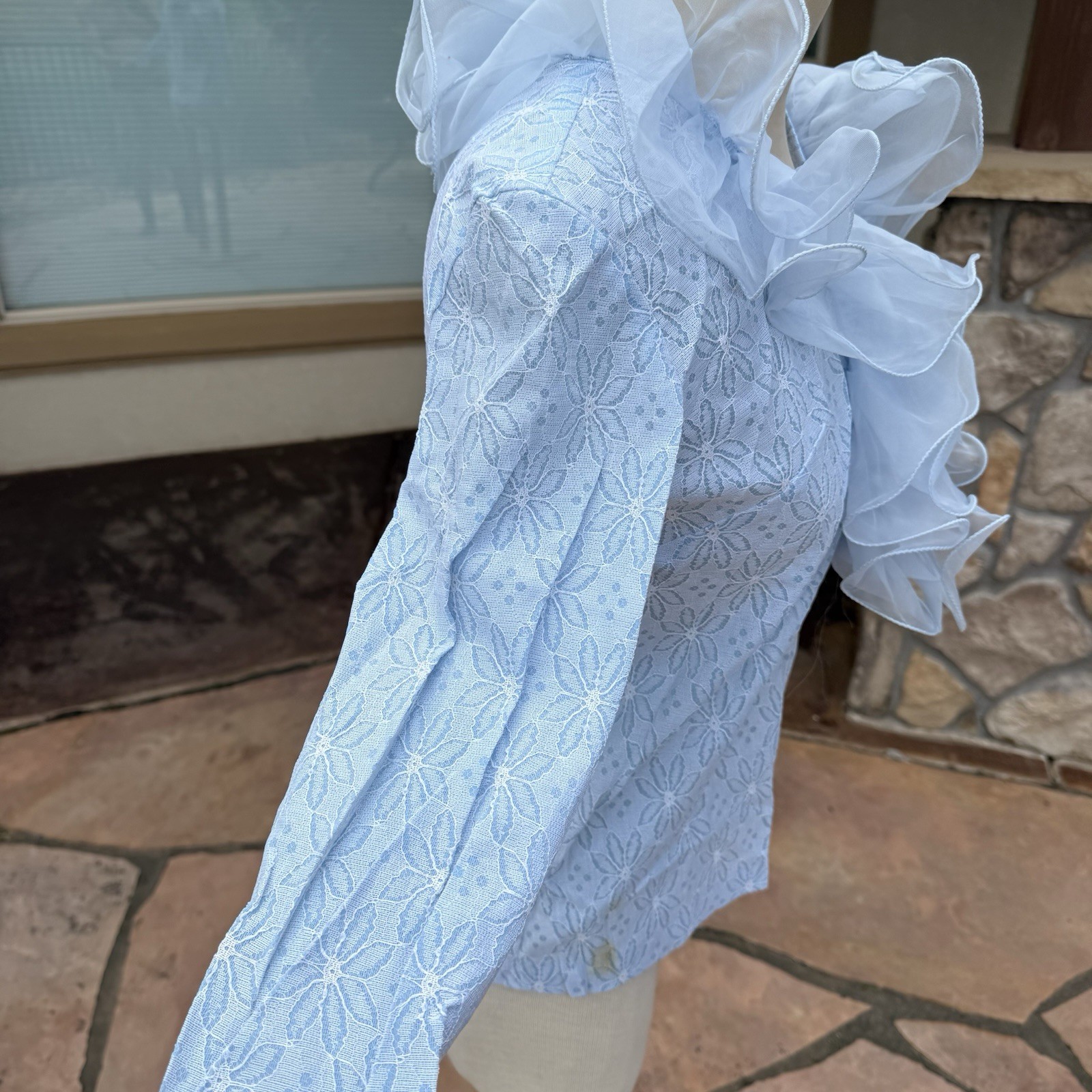 Vtg 70s Powder Blue Lace Eyelet Tuxedo Blouse Dramatic Ruffle Blouse see pics