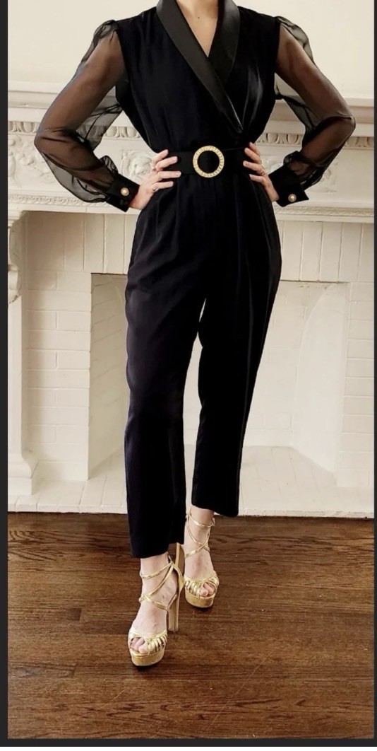 Vintage Womens Black Jumpsuits Sz 10P Chiffon sleeve Gold Buckle Detail Formal
