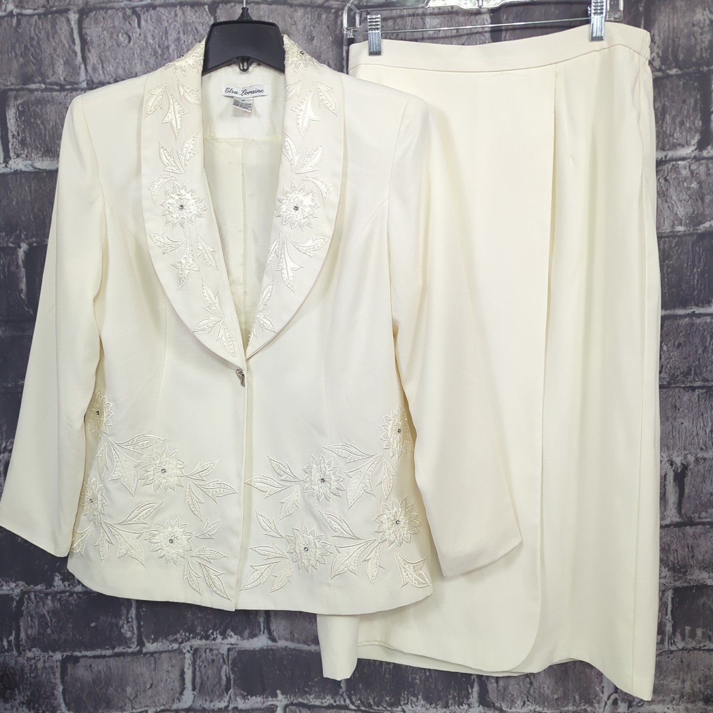 Vtg 90&rsquo;s Elsa Lorraine Ivory 2 pc Embellished Jacket (Size 14) & Skirt (Size 18)