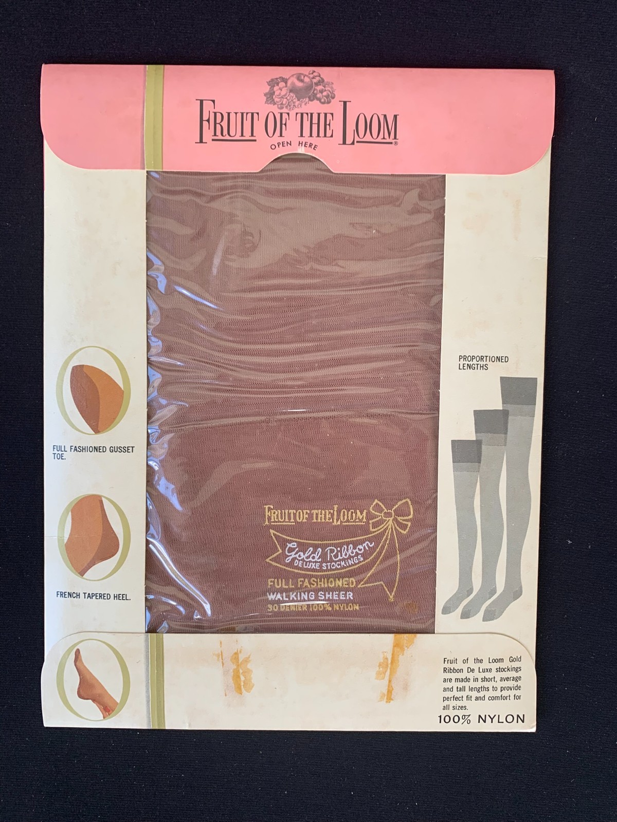 Vintage Fruit Of The Loom Nylon Stockings Gold Ribbon Deluxe Walking Sheers Sz 9