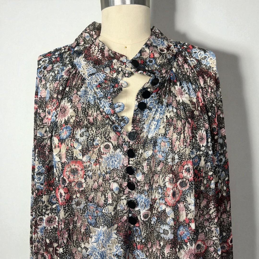 Vintage 70s Boho Long Sleeve Multicolor Floral Print Mesh Midi Dress S/M
