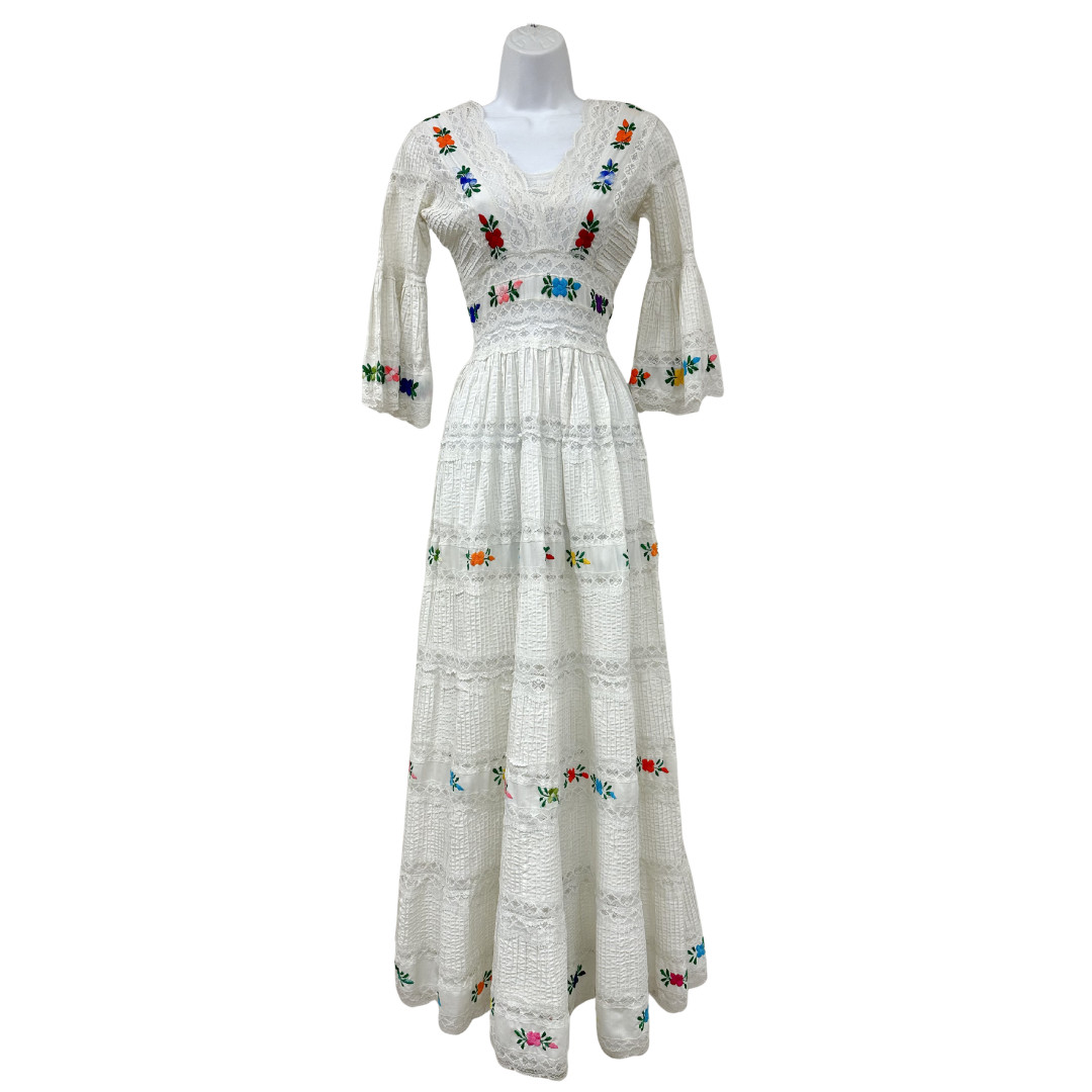 Vintage 1960s White Mexican Pintuck Floral Wedding Dress w Sheer Lace Detail
