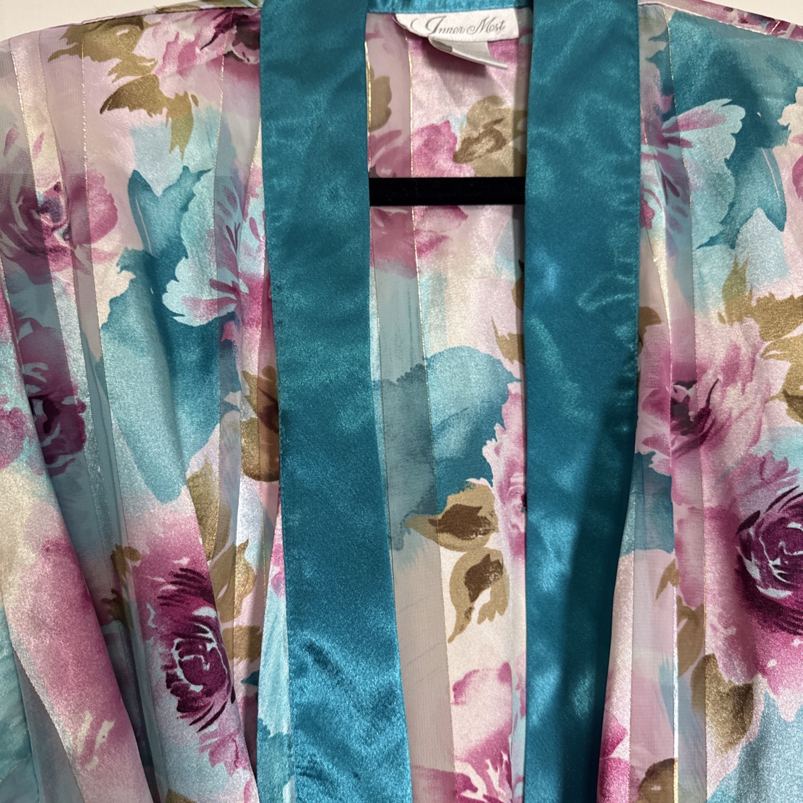 Vintage Inner Most Sears Sheer Floral Satin Robe Kimono Belted Small Hong Kong