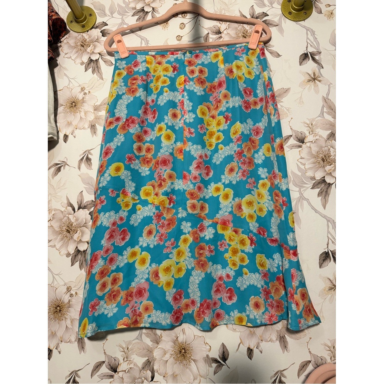 Harold&rsquo;s 100% Silk Teal A-Line Skirt with Yellow & Pink Floral Print