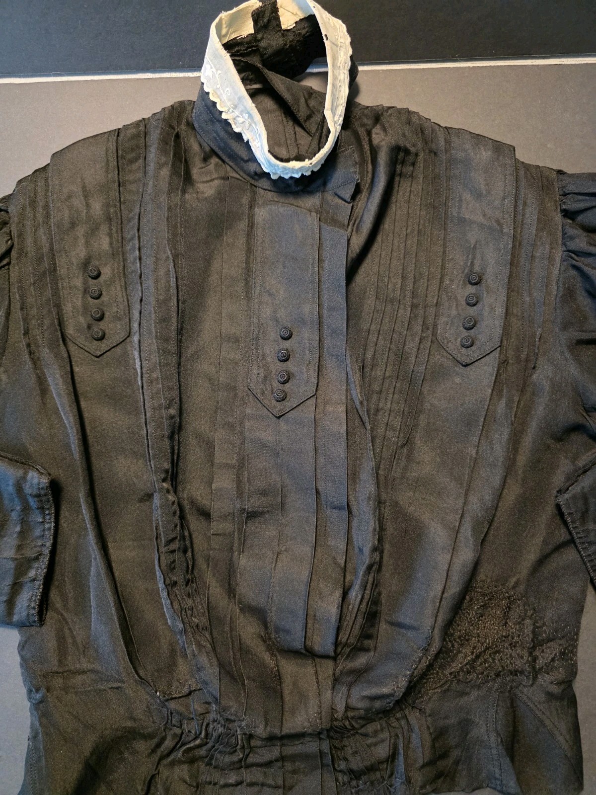 Antique 1890s Victorian Black Silk Mourning Bodice Blouse High Neck Pleated Lace
