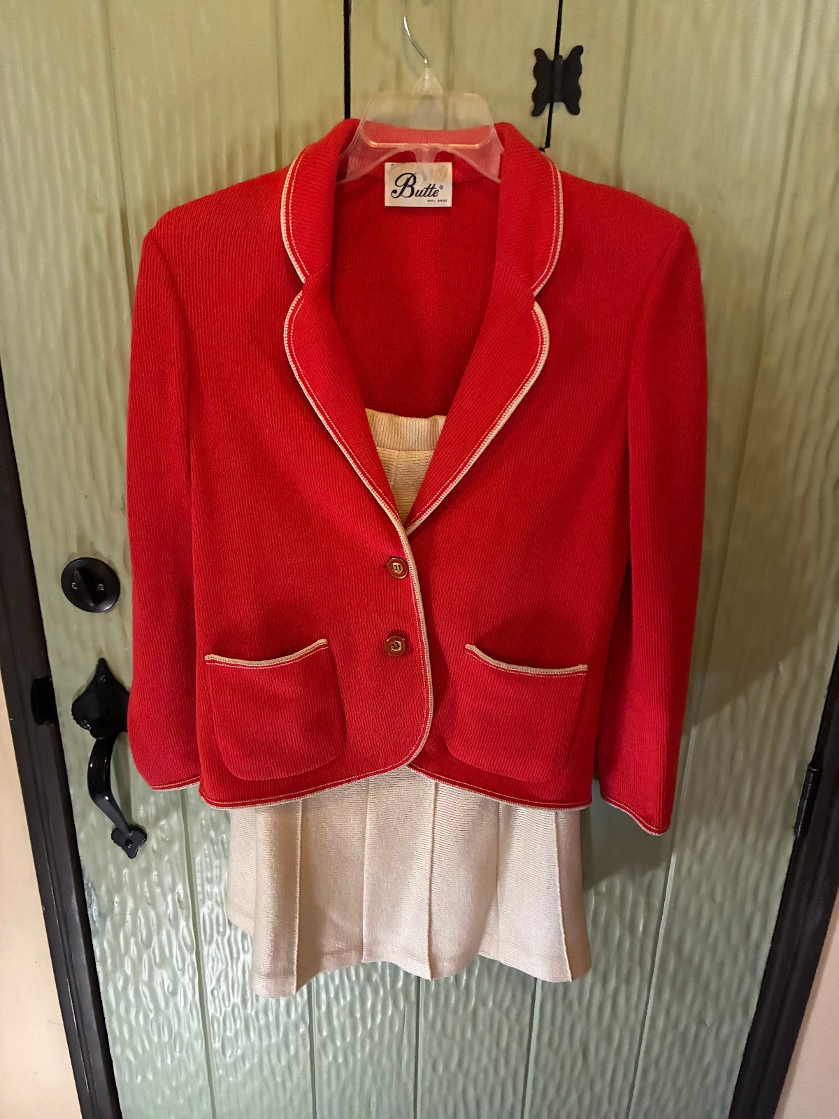 Vintage Butte Knit w Piece Women&rsquo;s Blazer & Skirt Red White Bust 38&Prime; Waist 32&Prime;