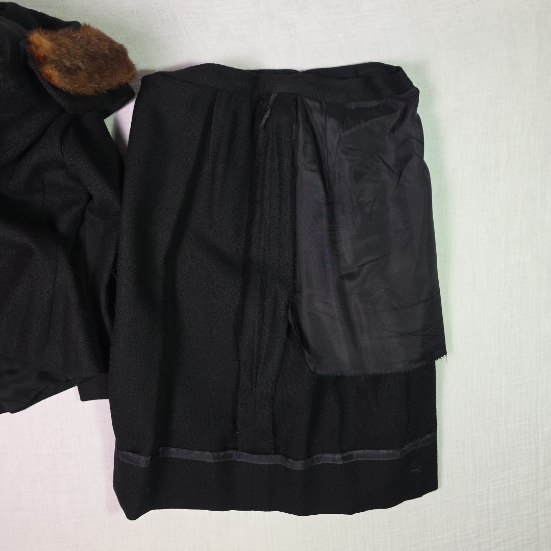 Vintage Lilli Ann Black Wool Suit Set w Genuine Fur Collar 2 Pc Small