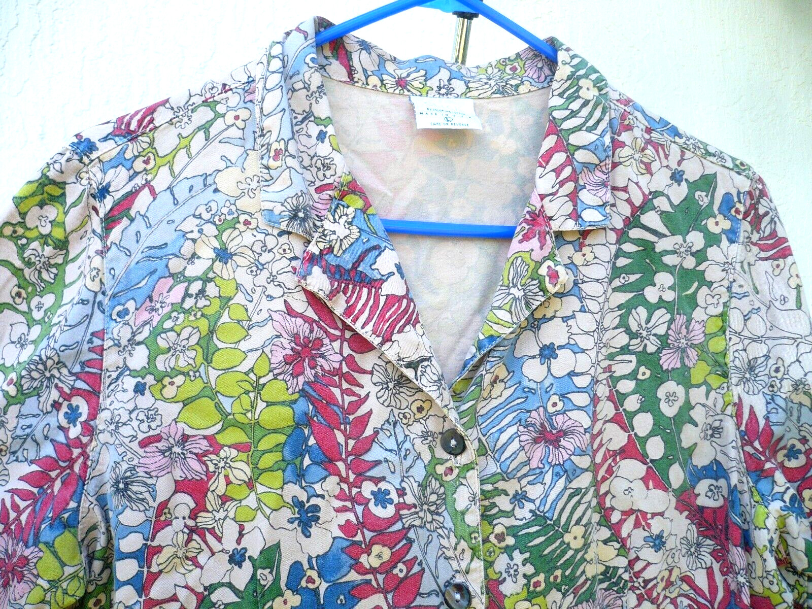VTG BOTANICAL CLICK L RED BLUE IVORY HAWAIIAN FLORAL TENCEL SHIRT BUTTON BLOUSE
