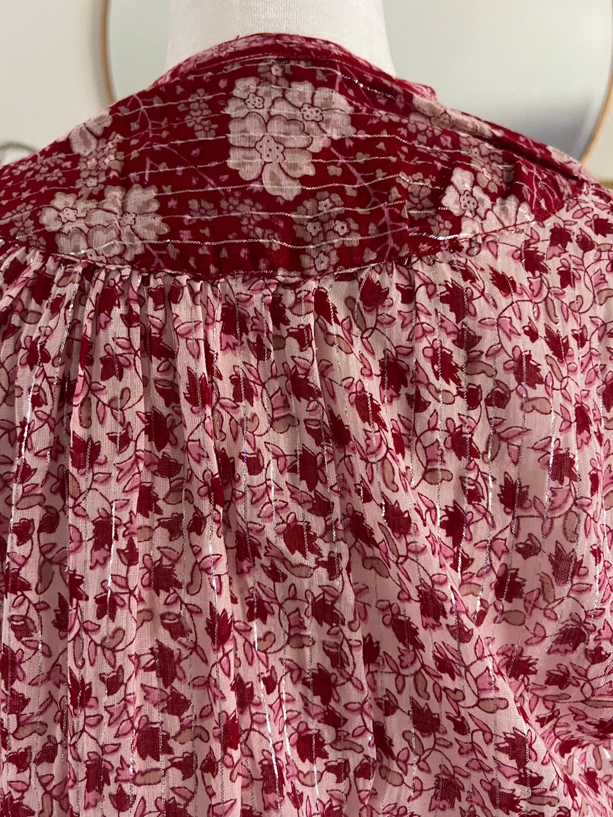Vintage OH CALCUTTA India Cotton Gauze Hippie Dress Sz M~Red w Silver Thread
