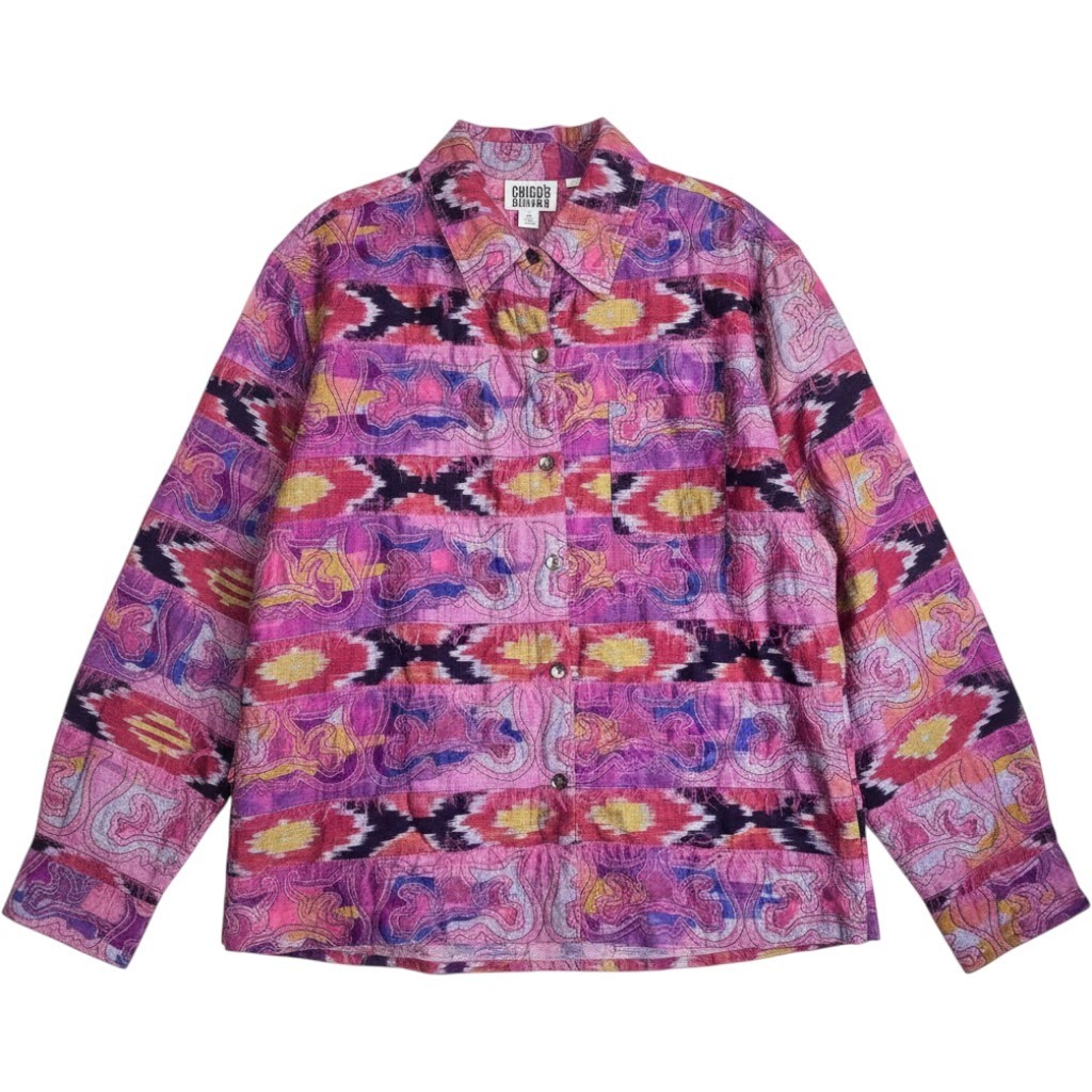 VTG Chico&rsquo;s Design Silk Cotton Embroidered Ikat Jacket Pink Boho Art To Wear