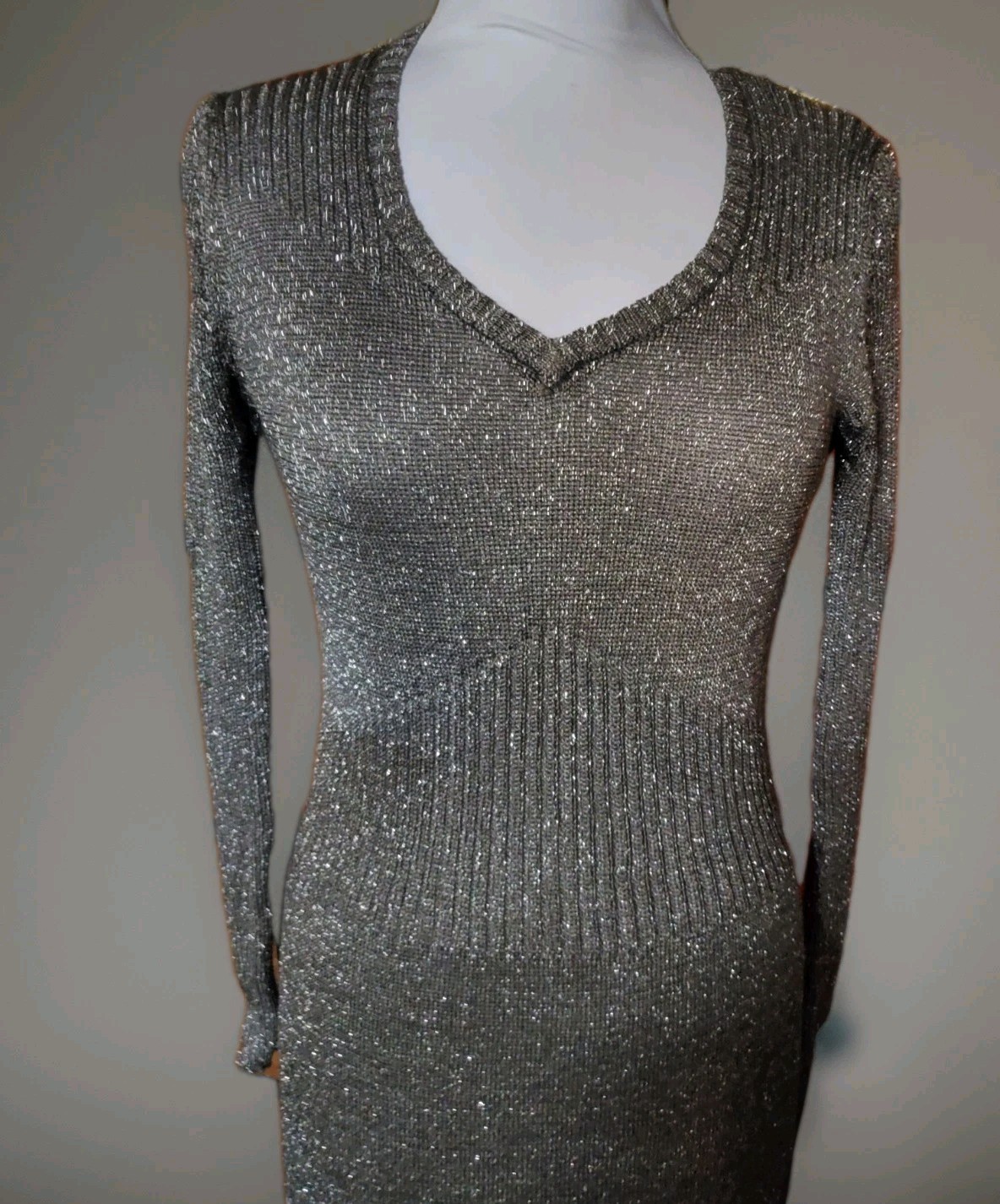 Vint 70&rsquo;s Studio 54 SILVERY METALLIC LUREX Knit V NECK Maxi Dress M HONG KONG