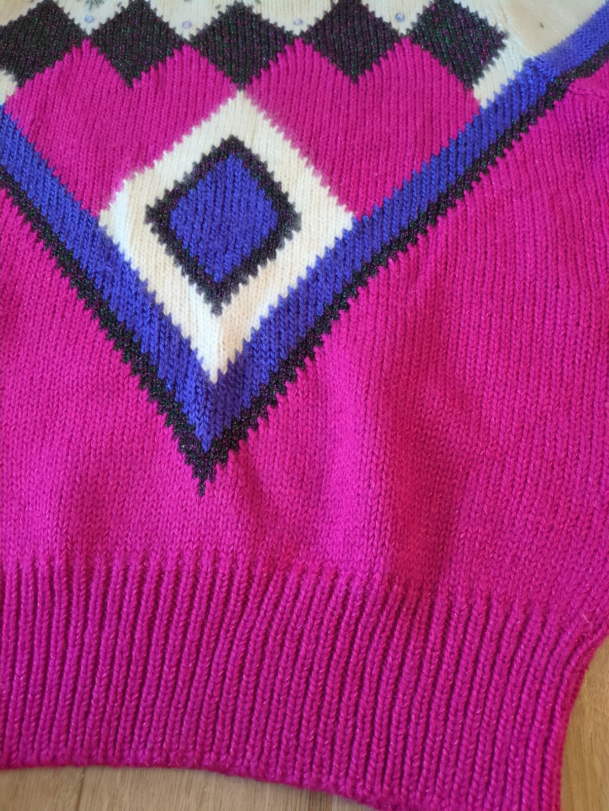 Vintage Bold Geometric Angora Wool Blend Top Fuschia Embellished 80s Mom Sweater