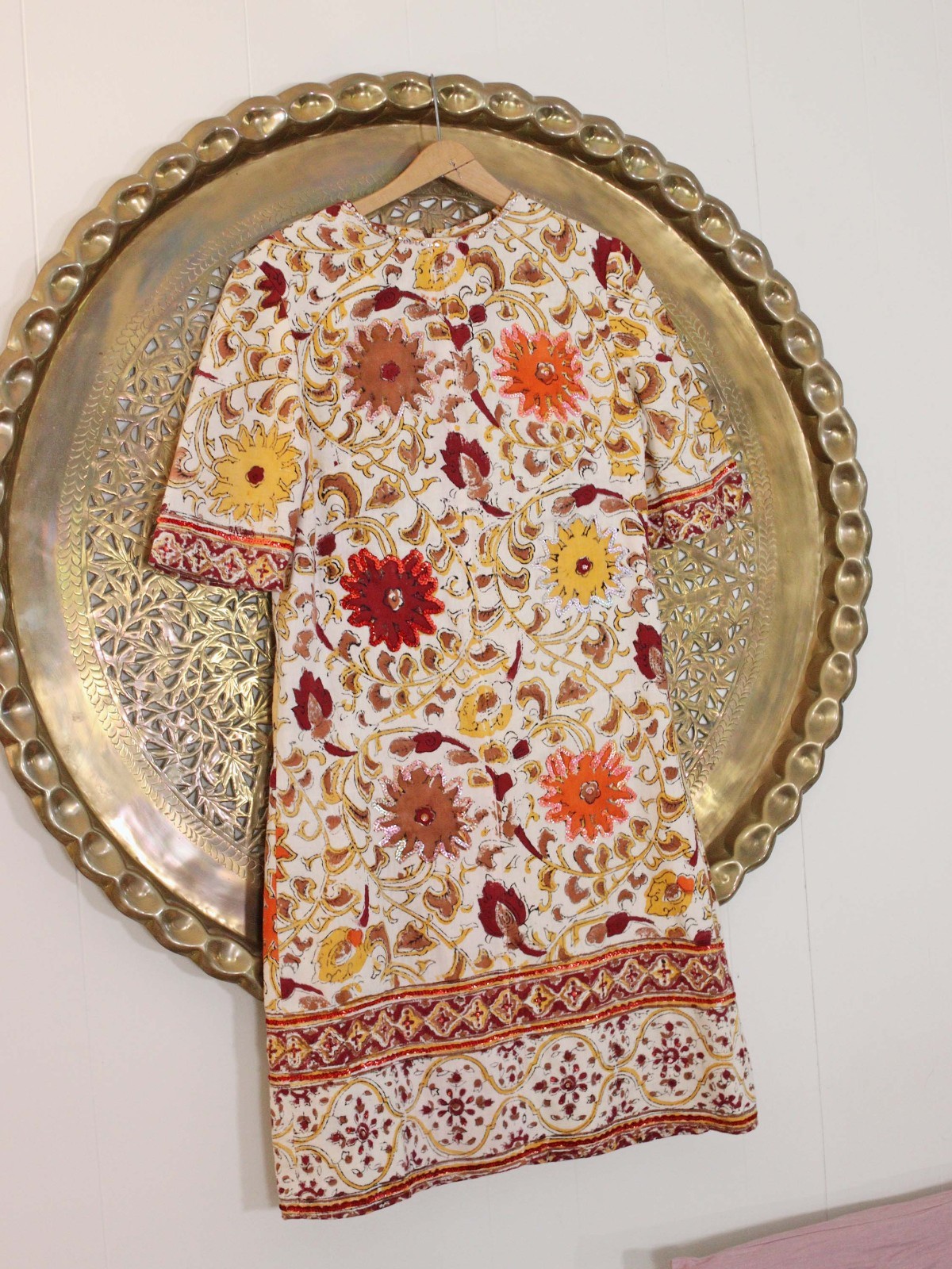 VTG 1960s Indian Block Printed Cotton Tapestry Short Sleeve Shift Dress
