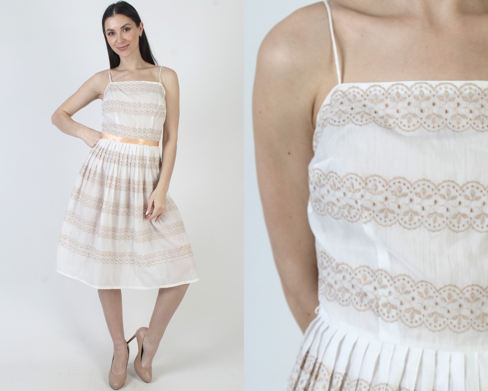 Vtg 50s L&rsquo;Aiglon White Eyelet Dress Embroidered MCM Rockabilly Swing Sundress