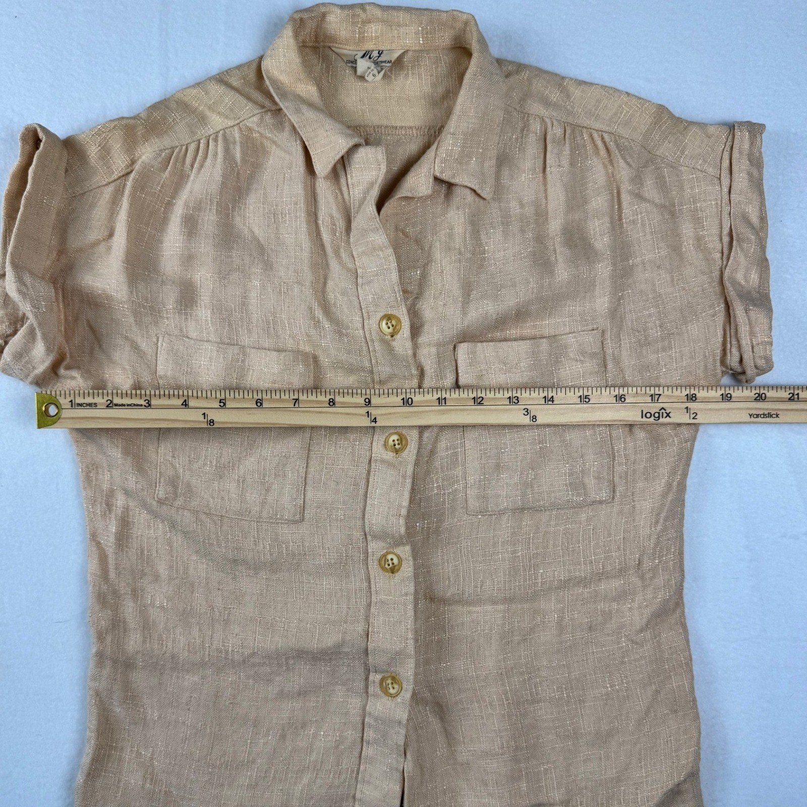 Vintage 70&rsquo;s Linen Blend Neutral Two Piece Skirt Set Tan Short Sleeve Top Midi