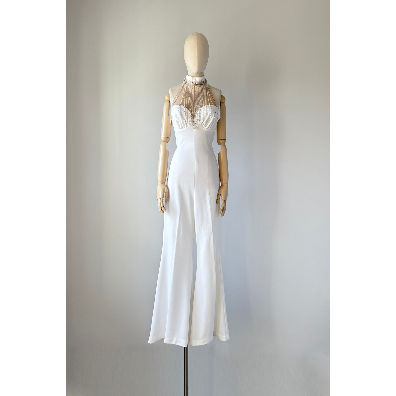Vintage 1970s White Beaded Frederick&rsquo;s of Hollywood Halter Bridal Jumpsuit SMALL