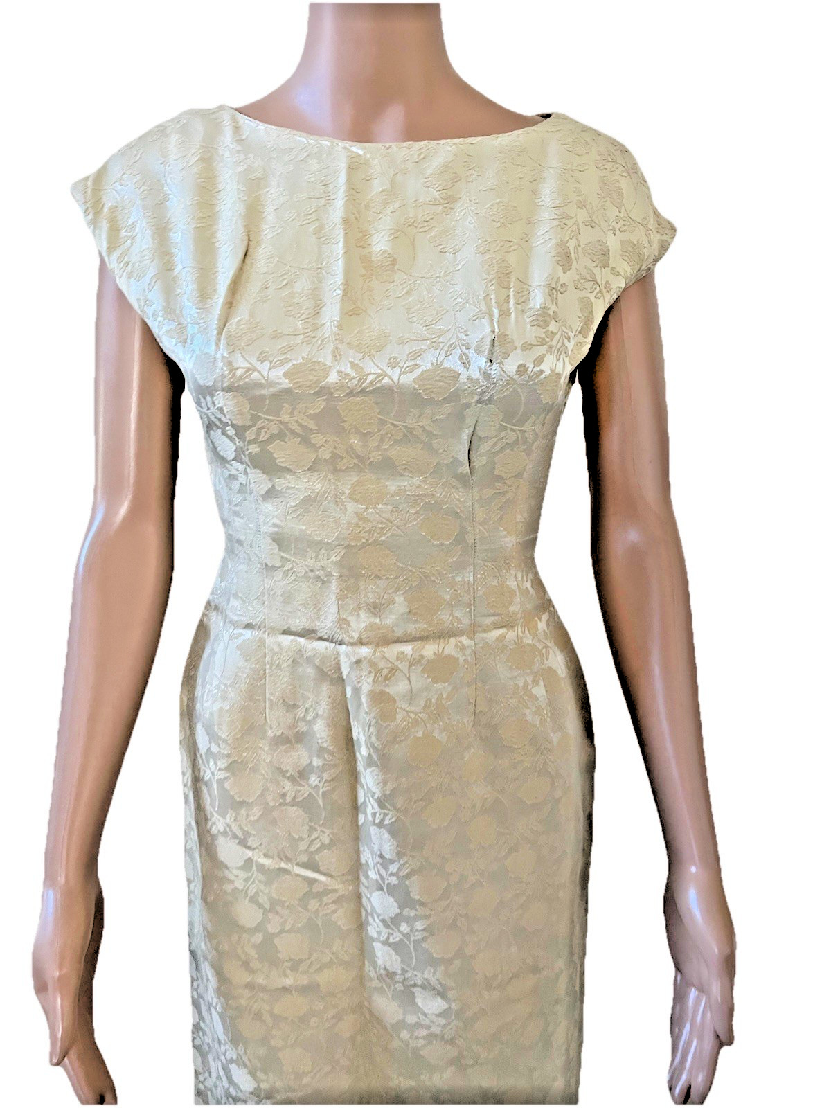 VTG 50s 2 Pc Fur Collar Crop Jacket & Ivory Damask Pencil Dress Suit Set Small**