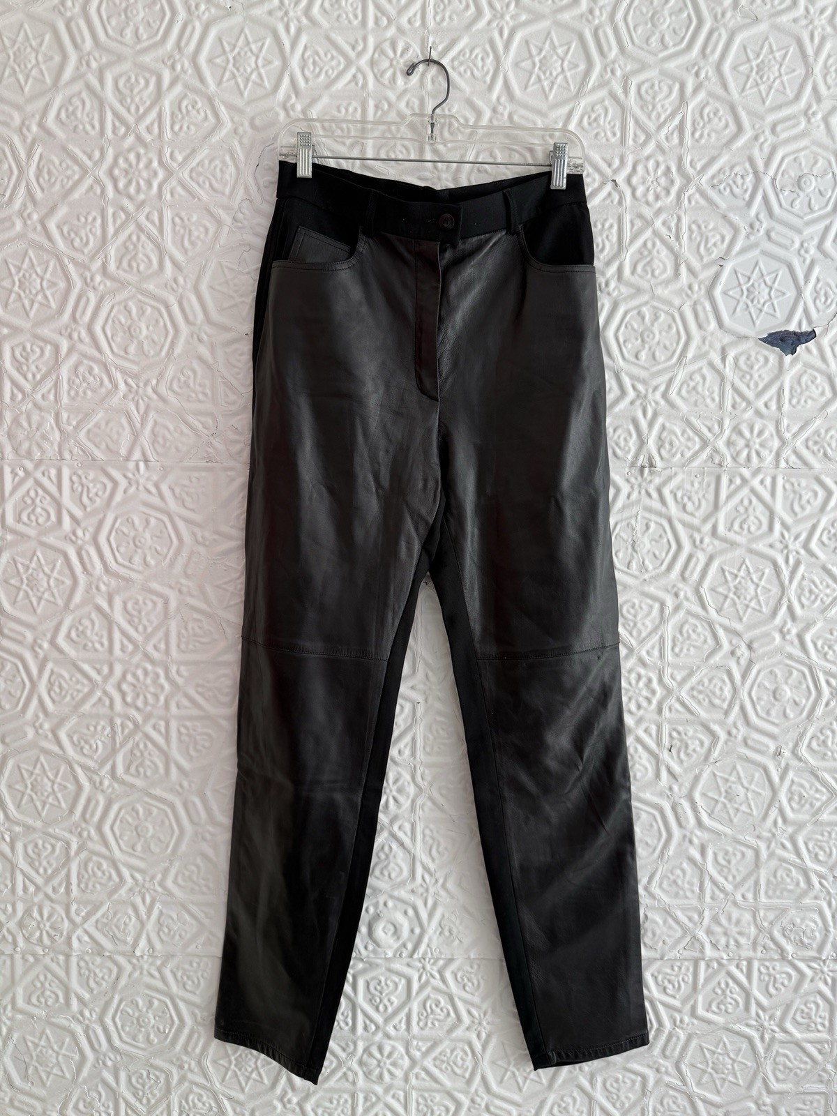 vintage Escada lamb nappa Leather & wool Pants Black slim Trouser 1990s 2000s