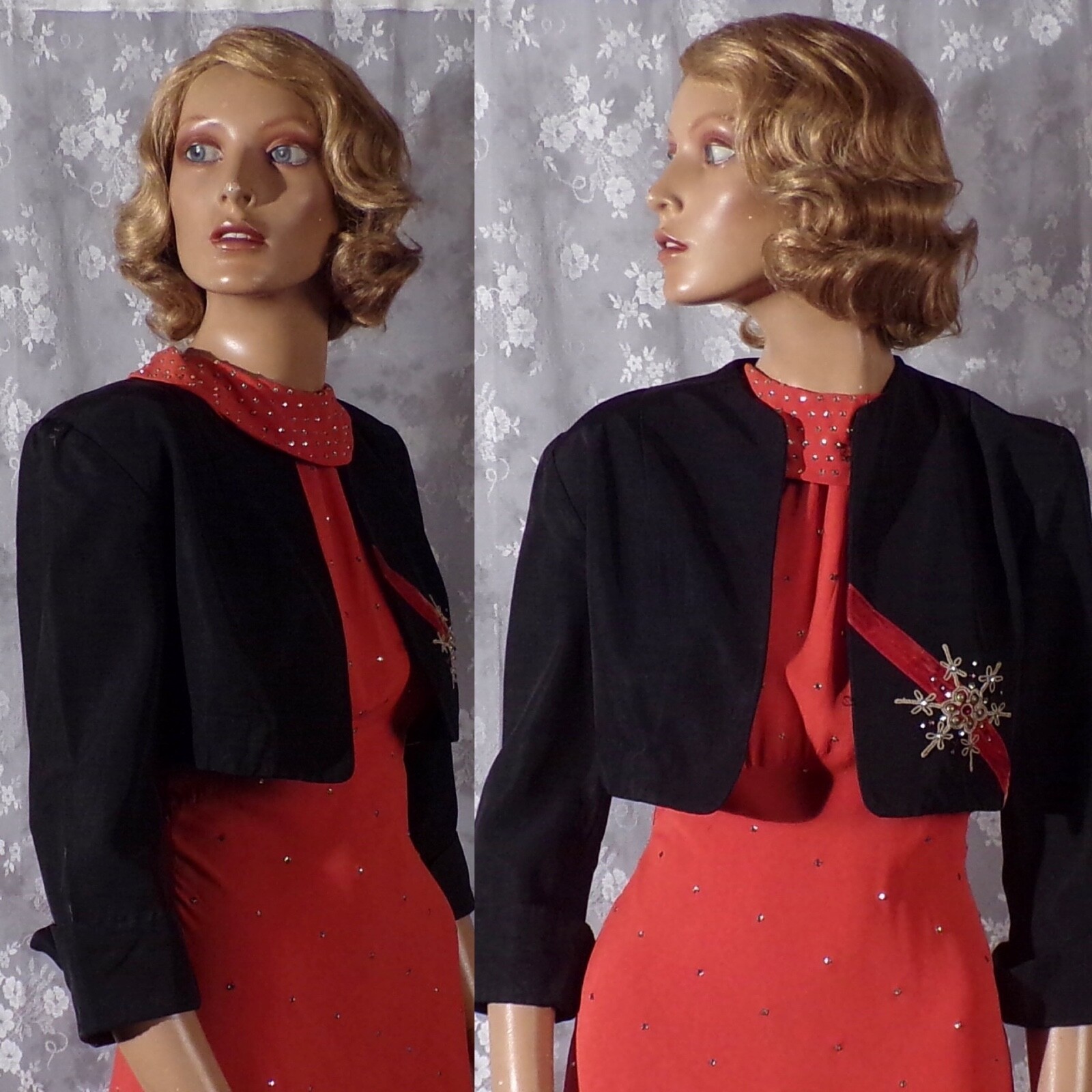 Vintage 40s Black Cropped Jacket Size XS 1940s Bolero Art Deco Old Hollywood