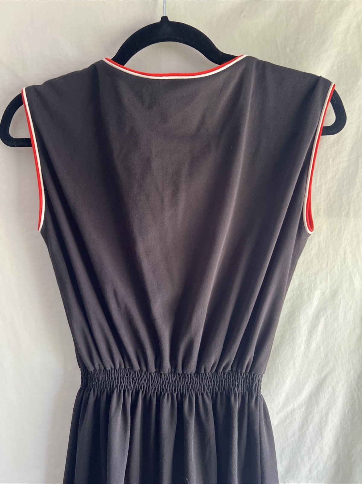 1980s Melissa Petites Black Athletic Style Midi Dress Red & White Piping Size 10