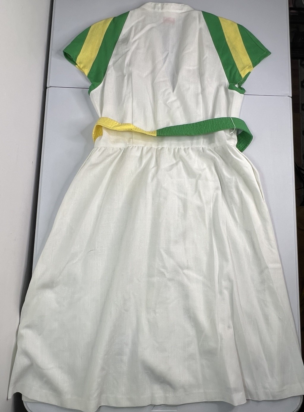 Vintage 60’s White Wrap Dress Green Yellow Striped Sleeves Belted Tag Sz 18