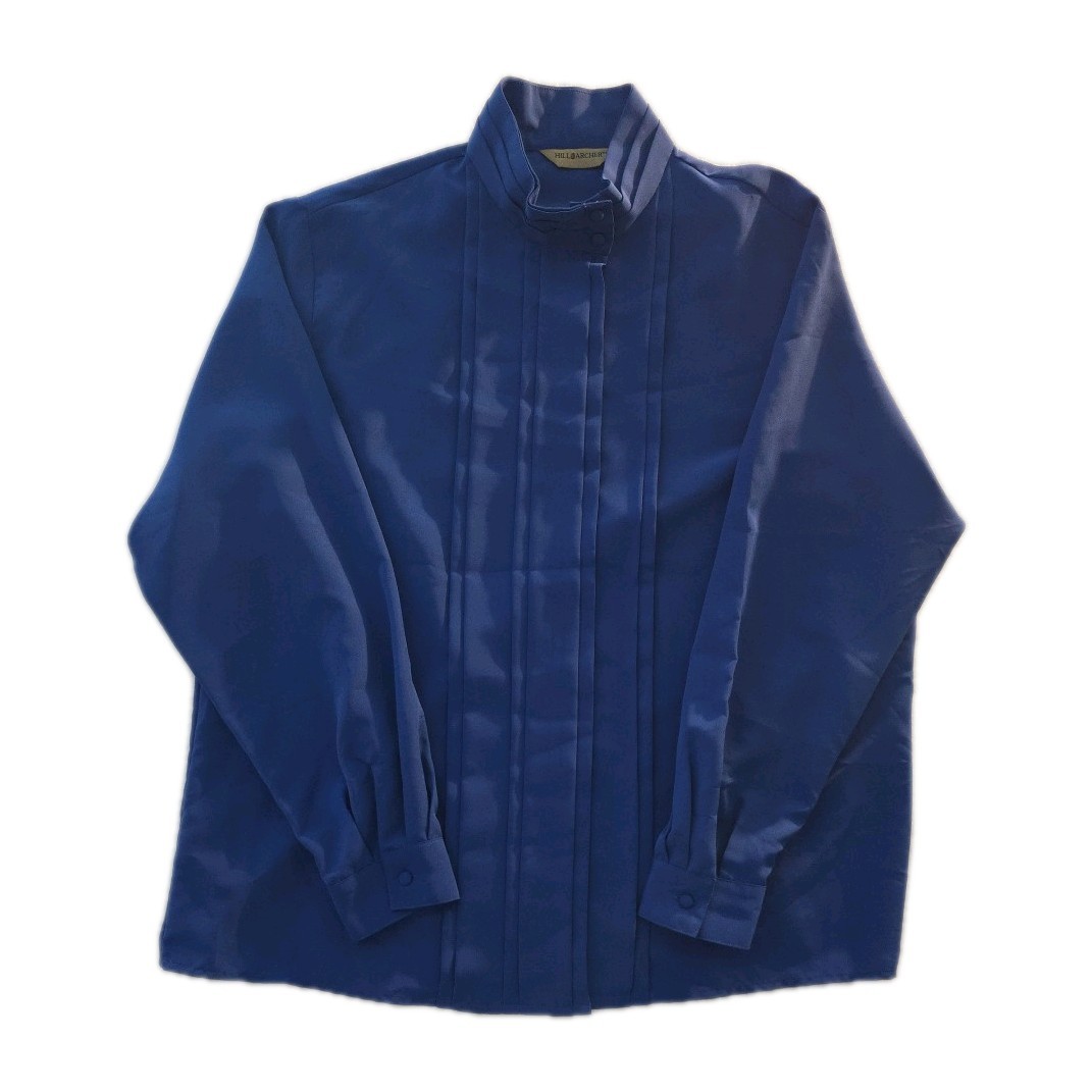 Vintage Blue Long Sleeve Hill Archer Pleated High Collar Blouse – Size 18