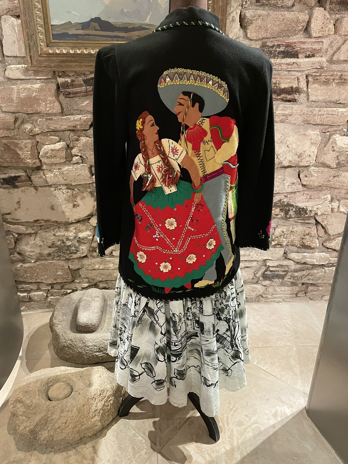 1950s Los Tepetates Mexican Painted Circle Skirt Size S/M