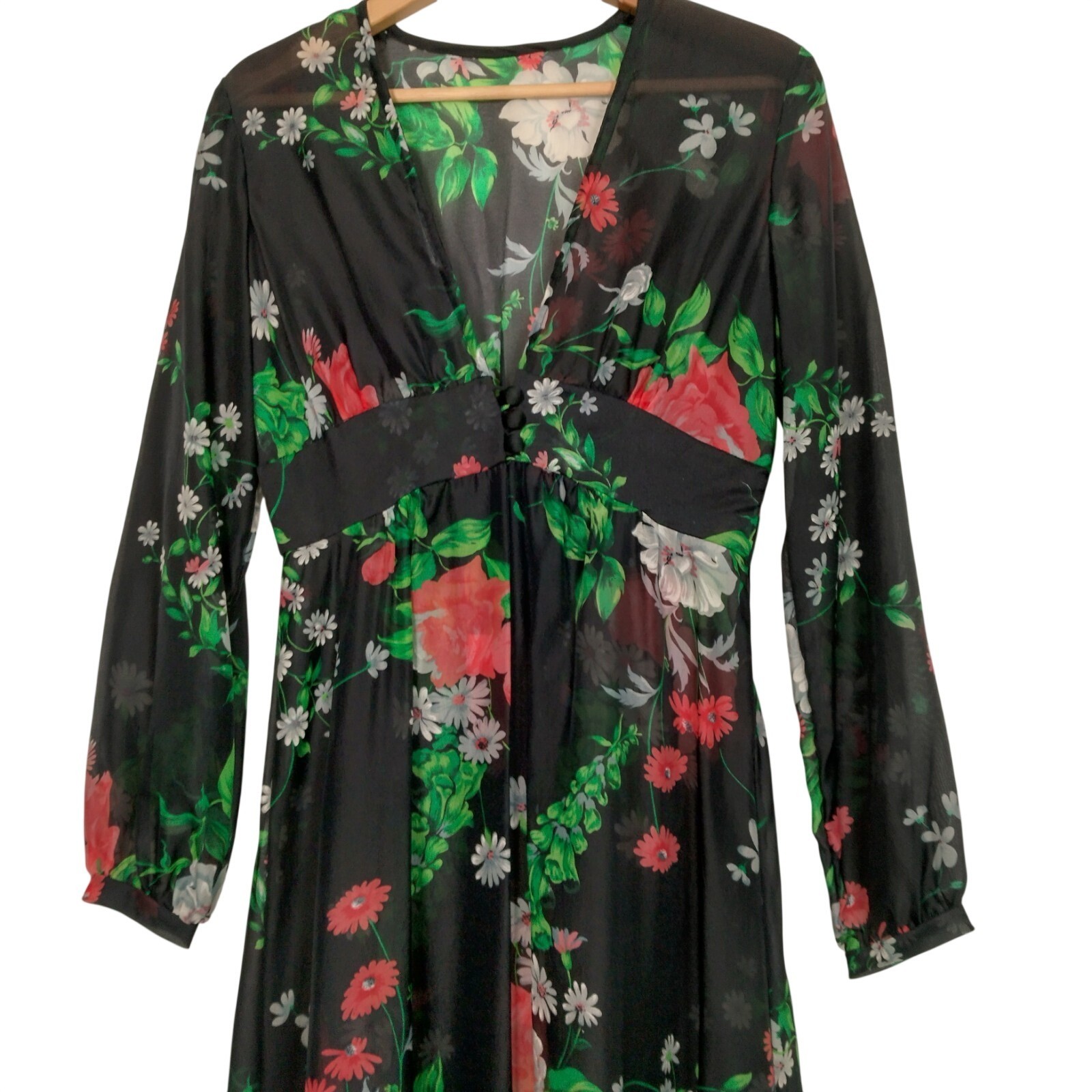 Vintage 1970s Sheer Dress Robe Size 5-6 Black Daisy Floral Hippie Boho