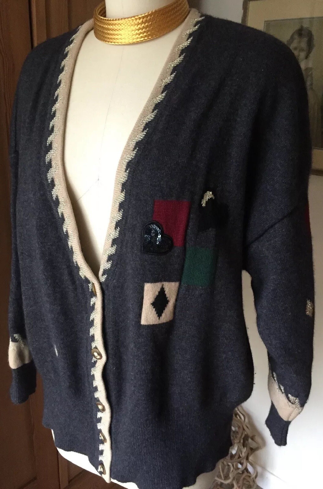 Basler Vintage Cardigan Sweater OOAK Sequin Hearts~Details Galore~ Two Ply L/XL