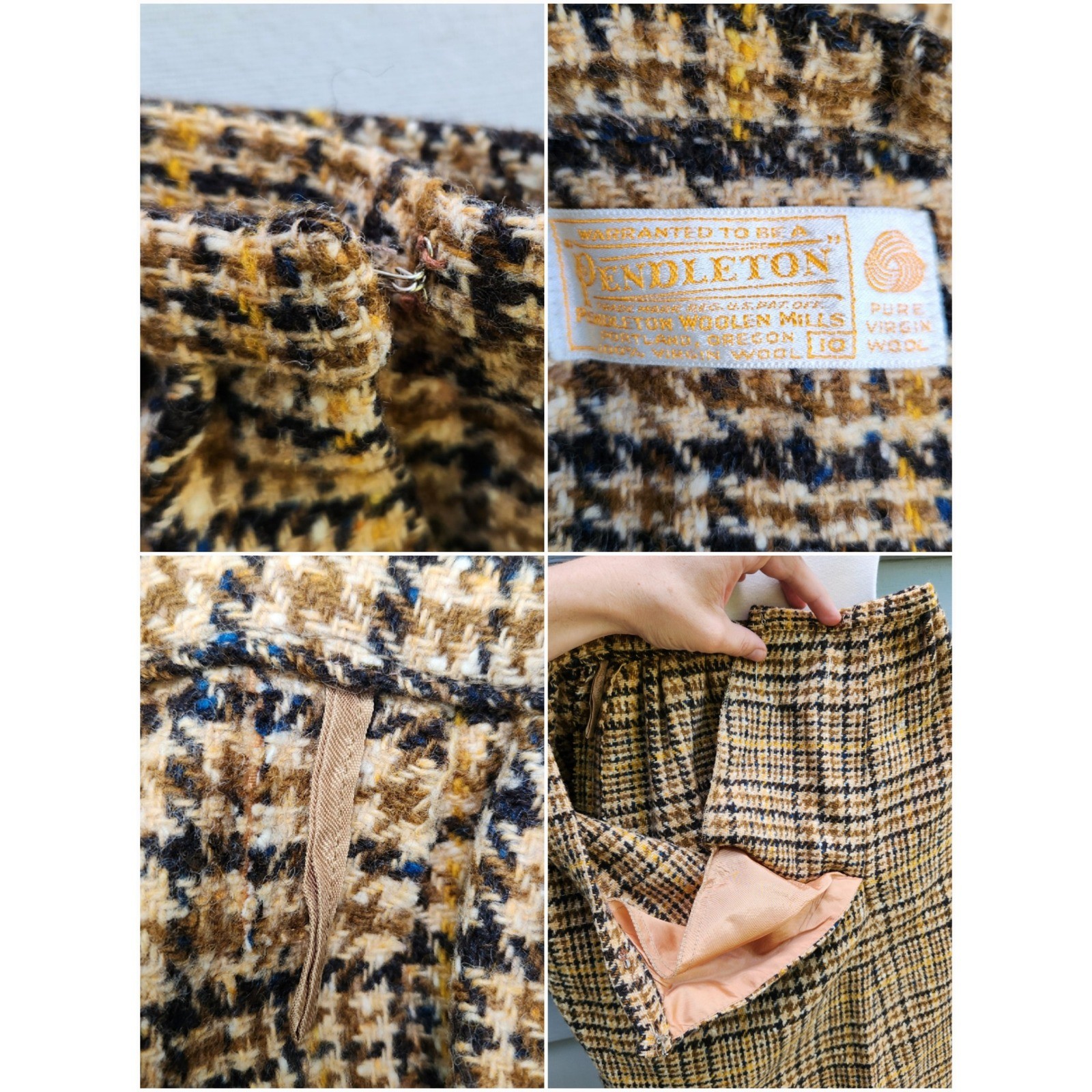 Pendleton Skirt Suit Tan Brown Yellow Houndstooth Plaid Virgin Wool Vintage 10