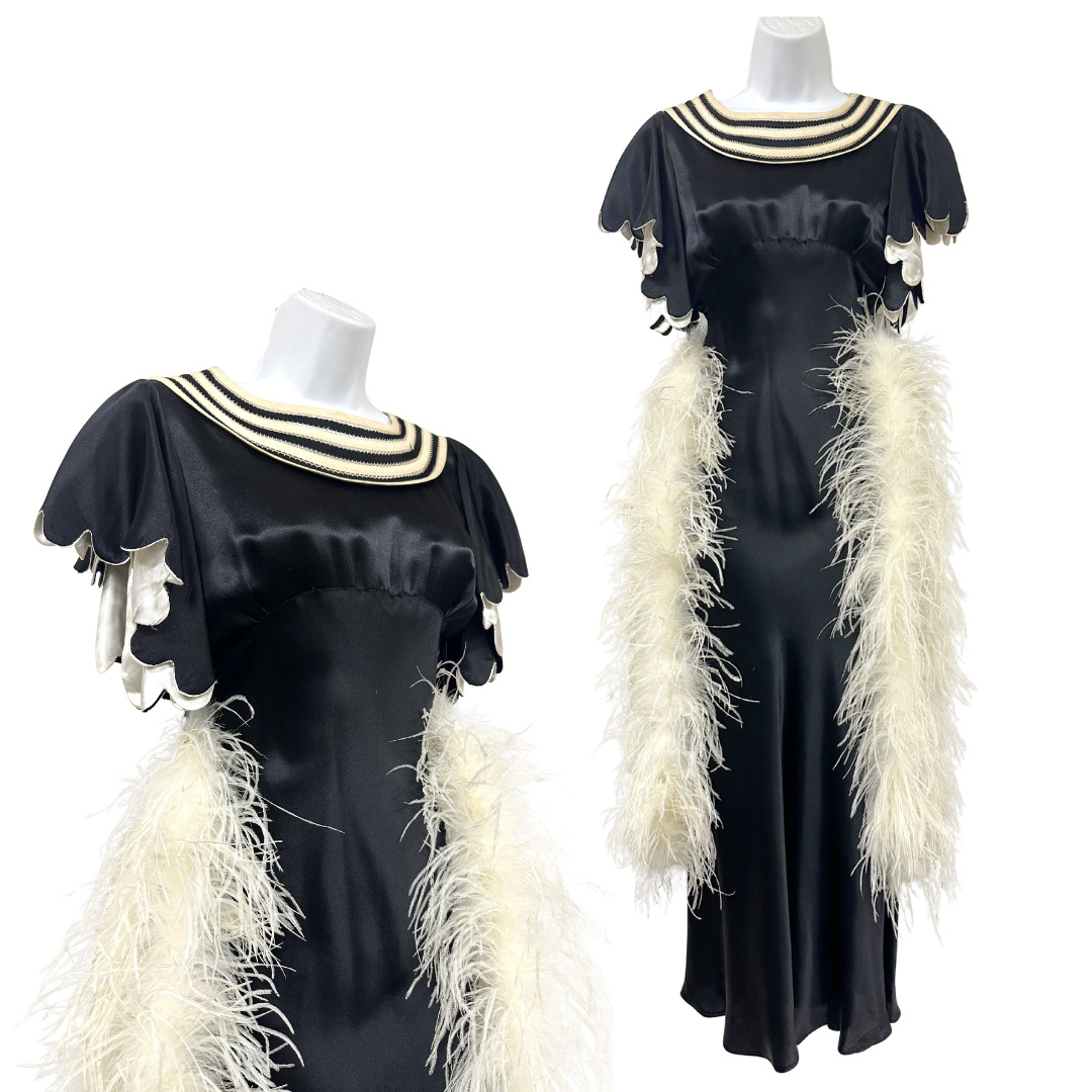 Vintage 1920s Black & White Scalloped Satin Evening Gown w Marabou Feather Boas