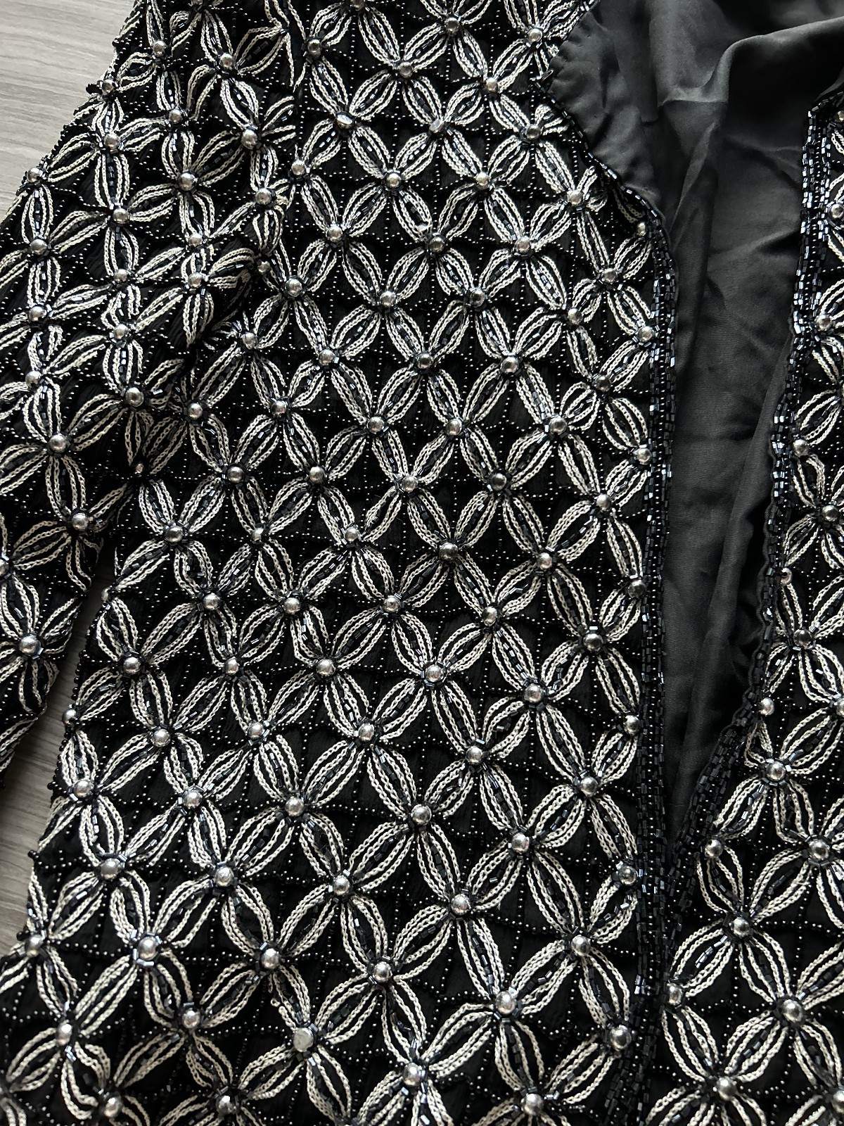 Vintage Beaded Evening Jacket Black Silver Silk Papell Boutique 60s Real Silk