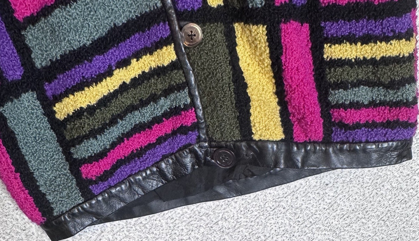 60’s Ilaria Technicolor Colorblock Geometric cardigan sweater Leather Trim