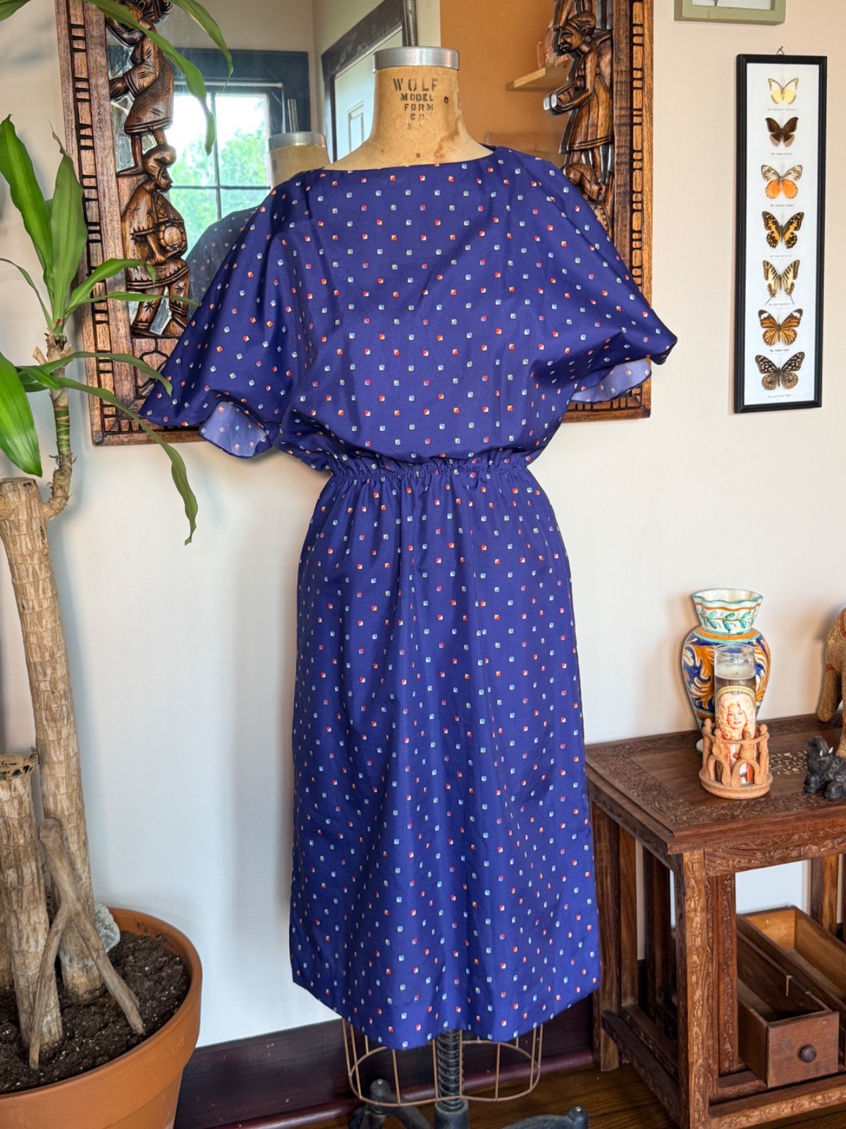 Vintage Handmade Blue Rayon Butterfly Sleeves Dress S/M