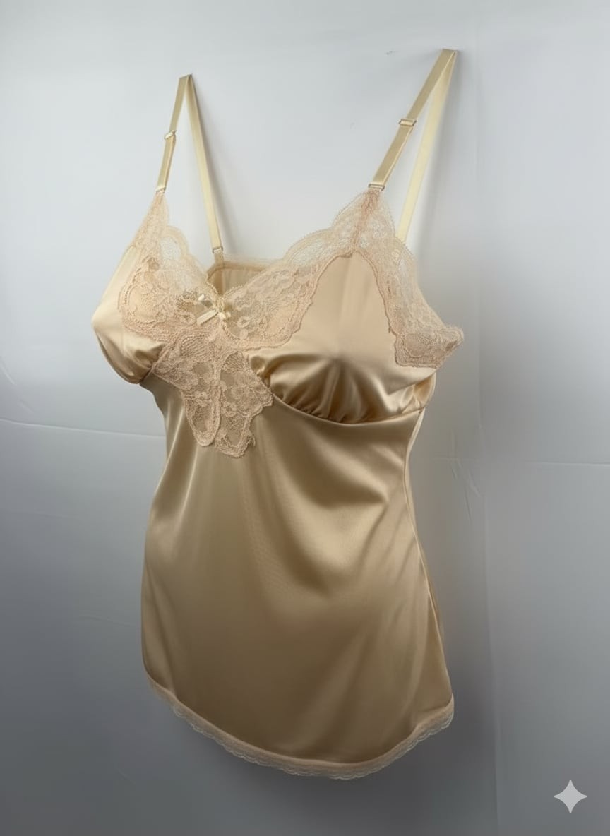 Vintage Lorraine Champagne Satin & Floral Lace Camisole Tank Top