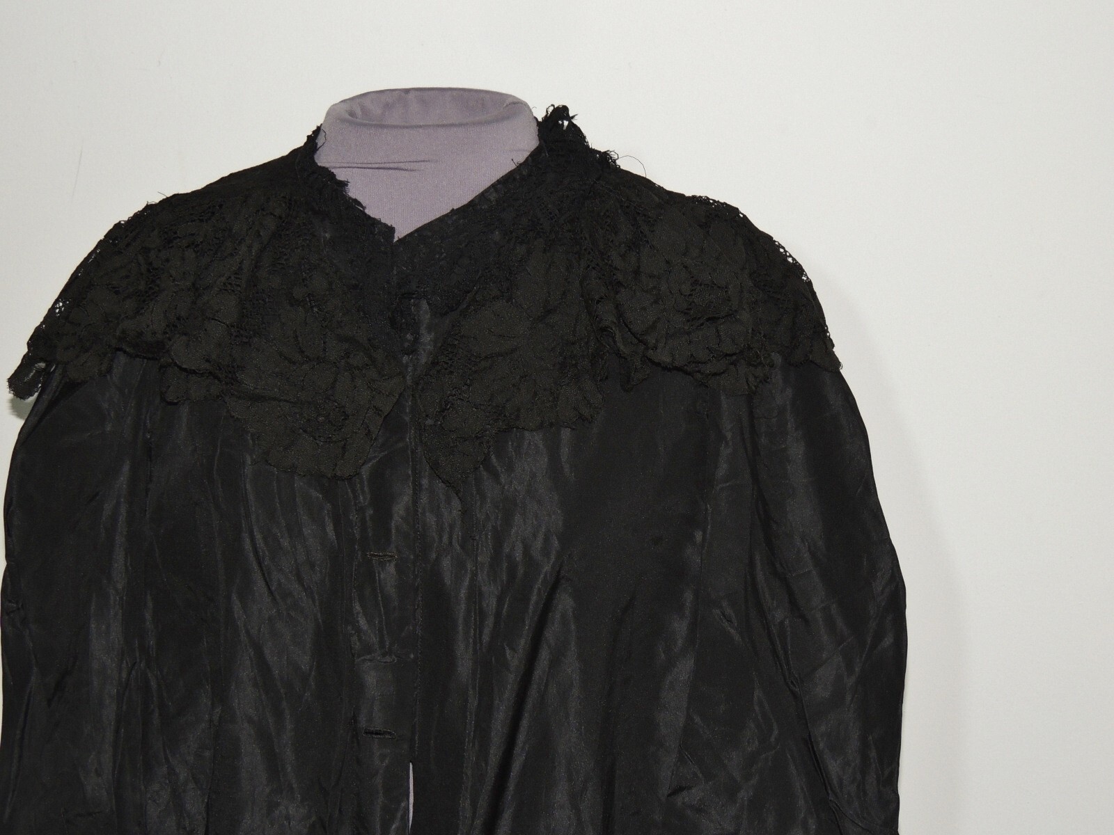 Victorian Black Silk Taffeta Jacket w Lace Cape Like Collar SM – MED