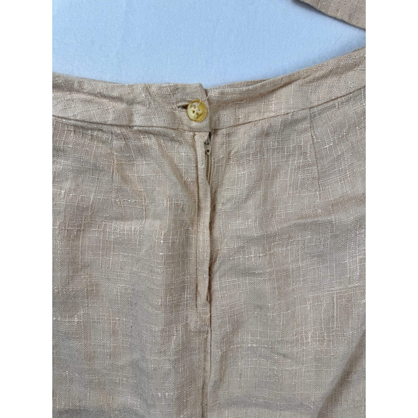 Vintage 70&rsquo;s Linen Blend Neutral Two Piece Skirt Set Tan Short Sleeve Top Midi