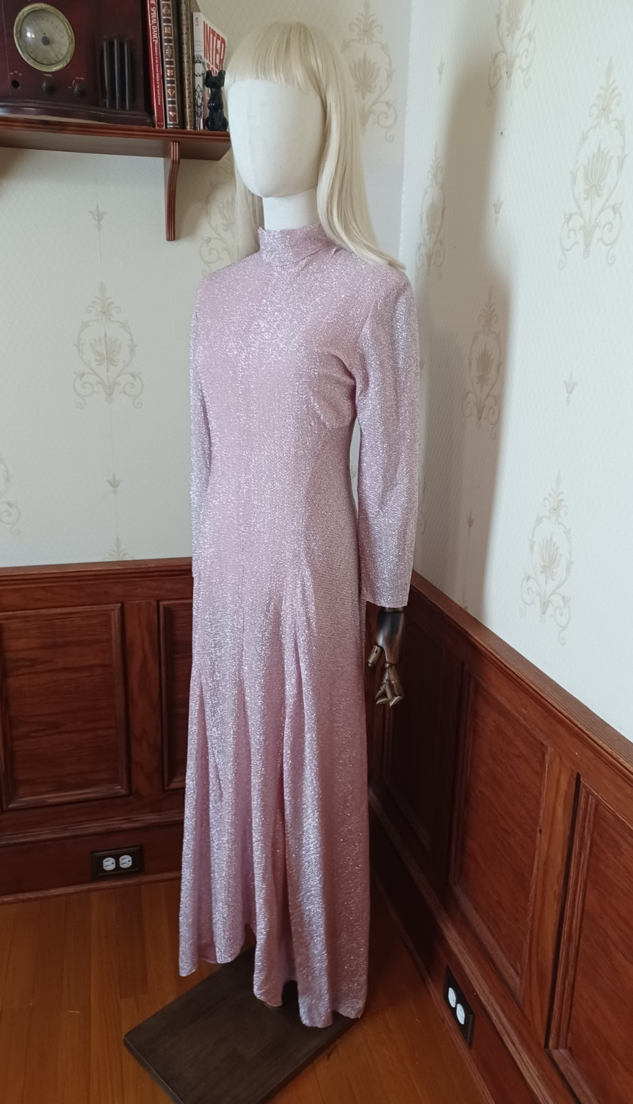 Vintage 1960s/70s Pink Glitter Disco Glam Medieval Revival Hostess Maxi Dress