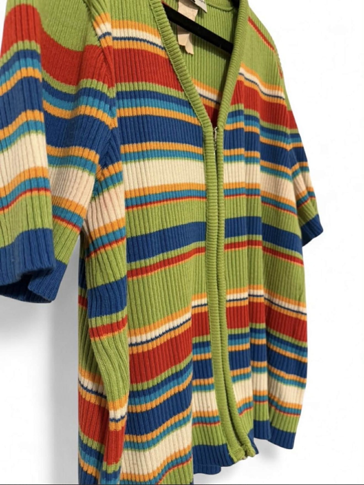Y2k Vintage Beldoch Popper Multicoloured Short Sleeve Striped Zip Up Sweater