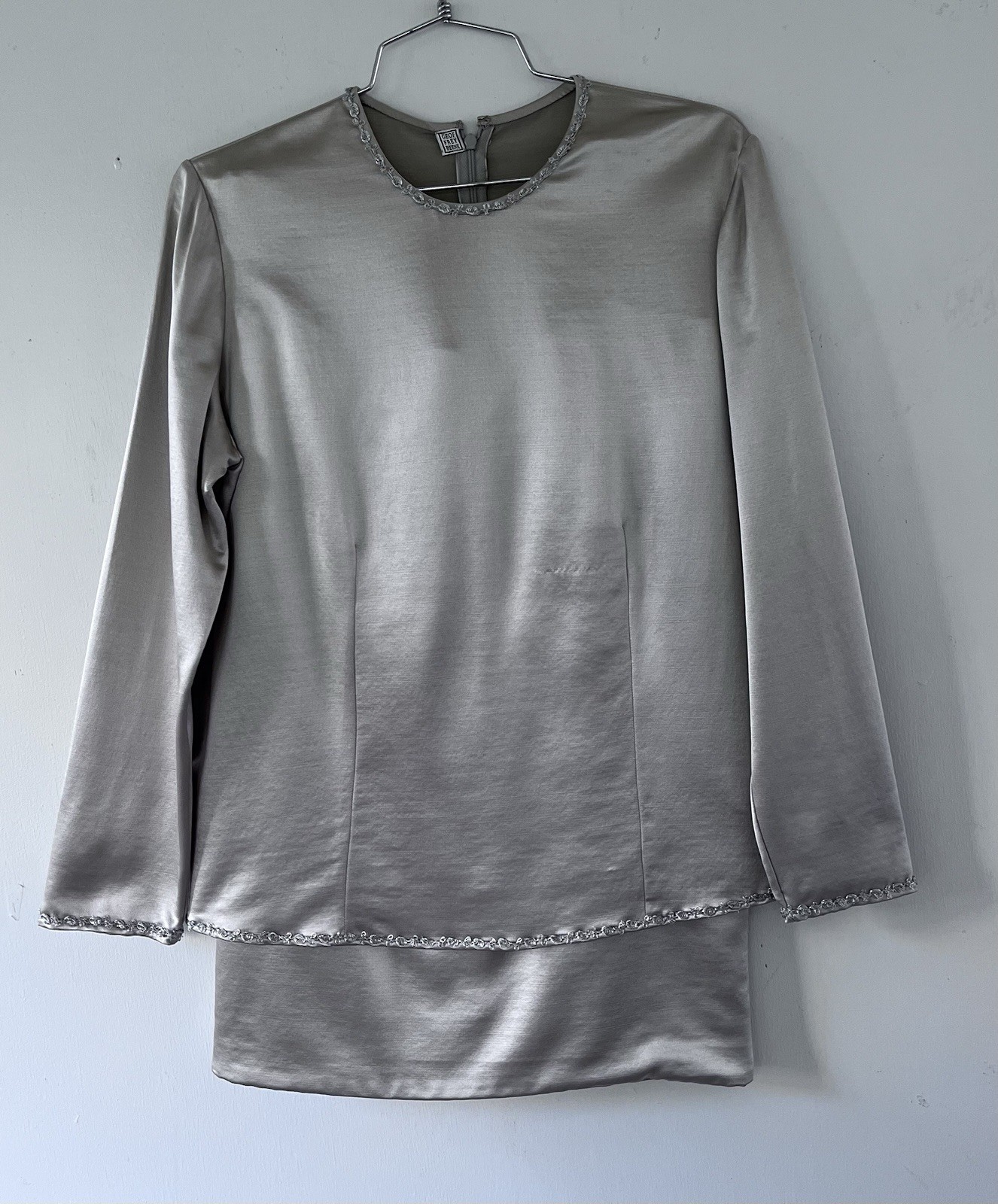 Geoffrey Beene Vintage 1990s Silver Silk Blouse Skirt Ensemble