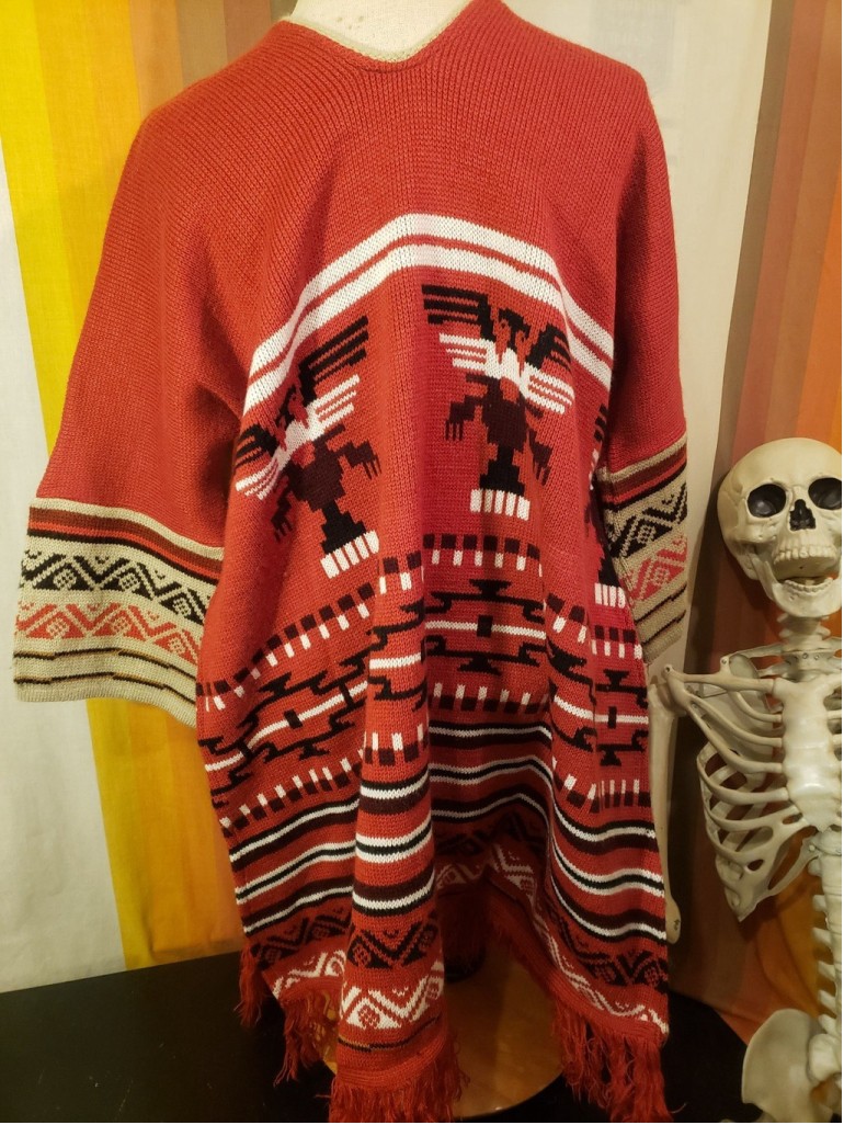 Vintage 1970s Rust Orange White Black Knit Poncho Bell Sleeve Top Sweater