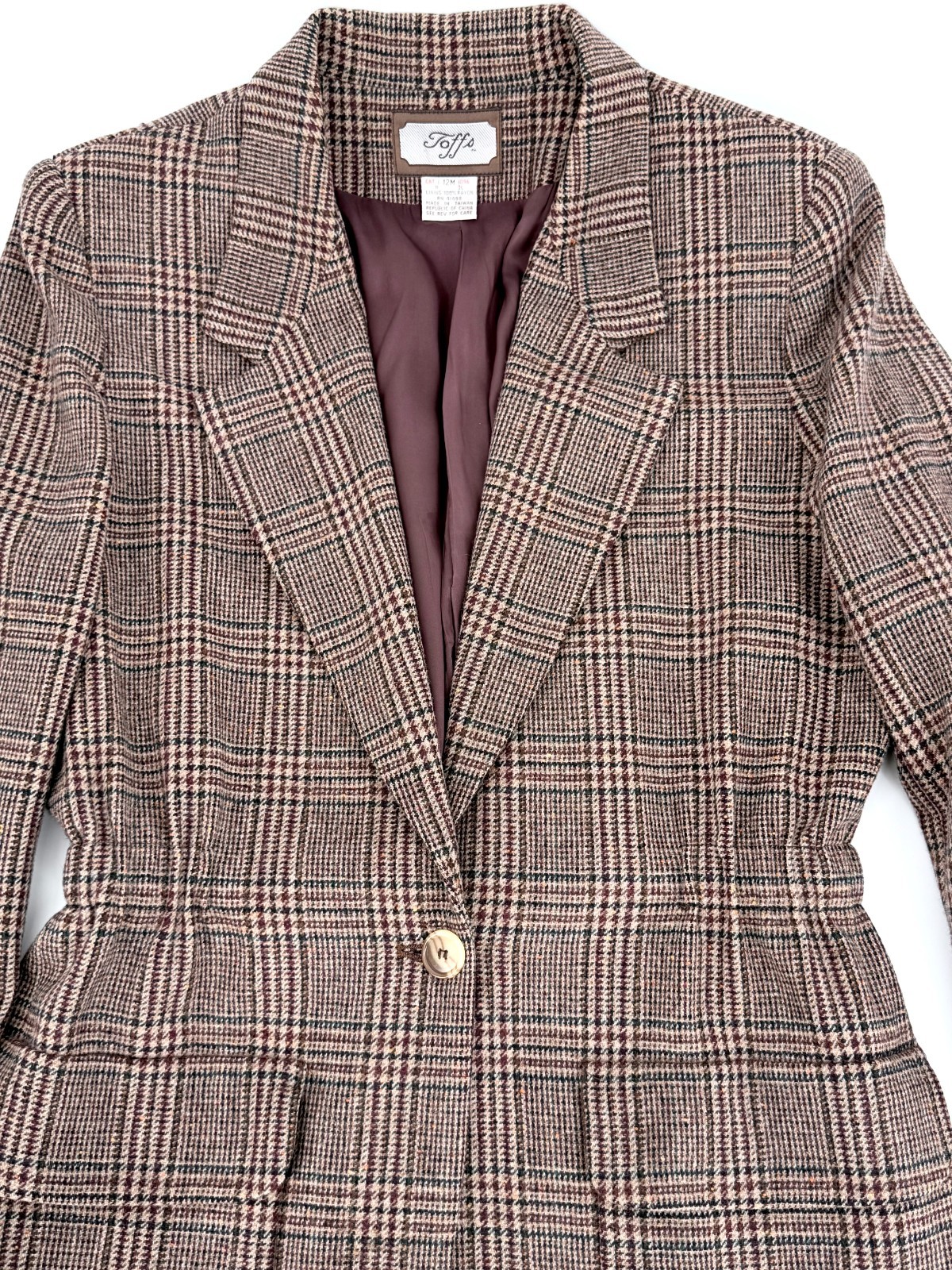 Vintage Toffs 100% Wool Plaid Blazer Jacket Womens 12M Brown Tailored Equestrian