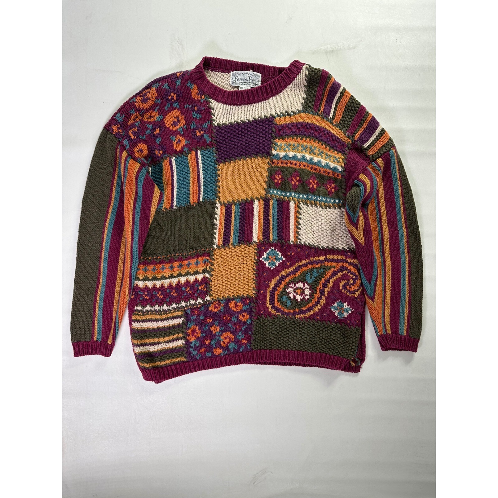 Reference Point Vintage 90s Patchwork Knit Sweater Sz Medium Ramie Cotton Mix