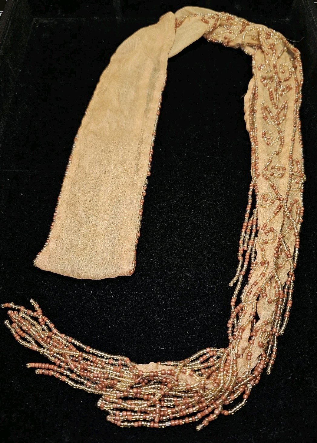 Orange/Copper Silk Chiffon Art Deco Beaded Hair, Neck, Or Waste Tie Flapper 50&Prime;