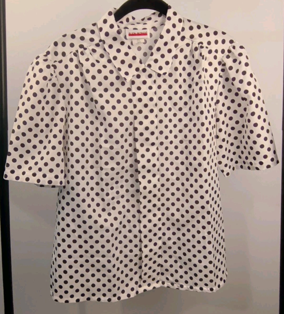 VTG 60s Judy Bond Polka Dot Blouse White Black Short Sleeve USA Made Sz 12