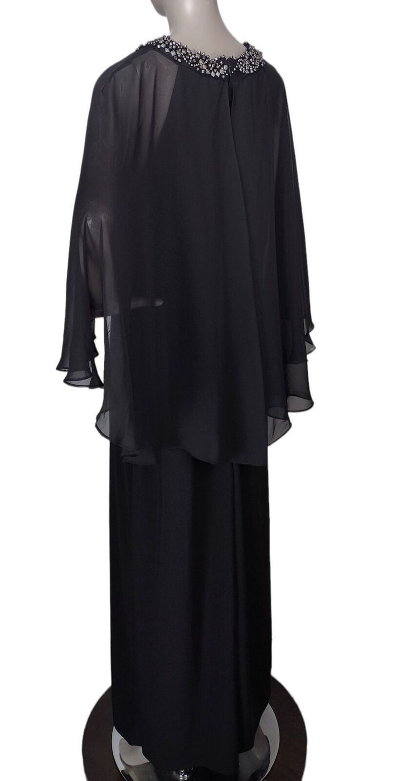 Vintage Scarlett Black Beaded Elegant Flowy Sheer Capelet Slit Formal Maxi Dress